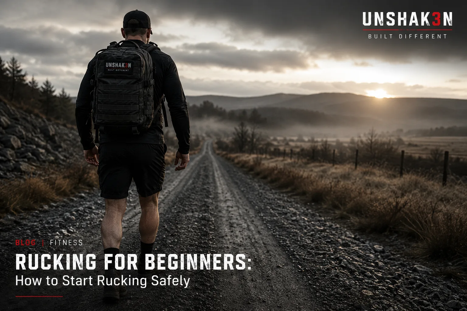 Beginner rucker carrying a weighted backpack while walking on a gravel road
