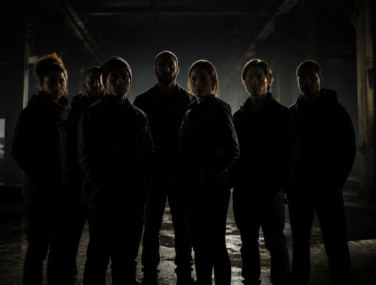 A group of people standing together in a dim warehouse