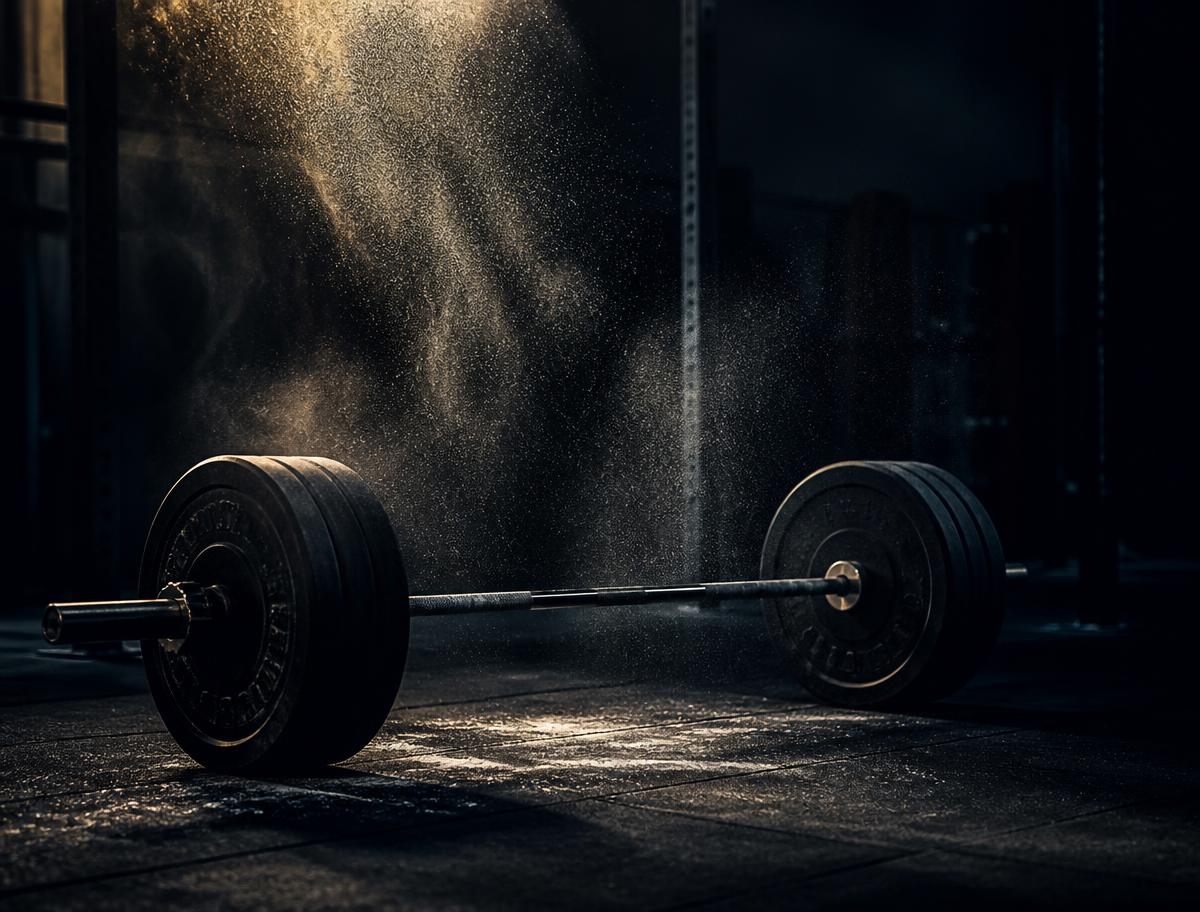 Barbell loaded with plates in a dark gym, chalk dust in the light